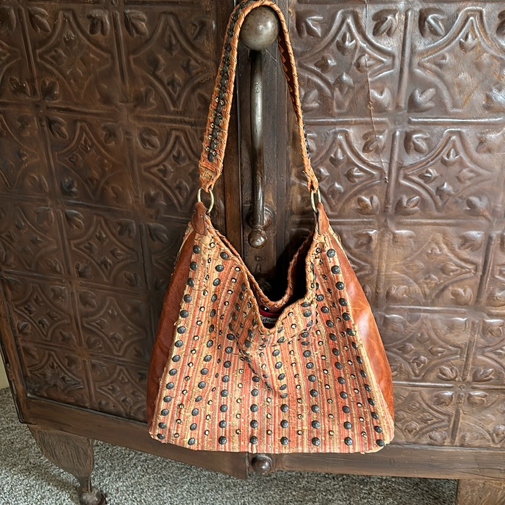 Kurtmen leather tote purse—studded with rhinestones and bronze buttons